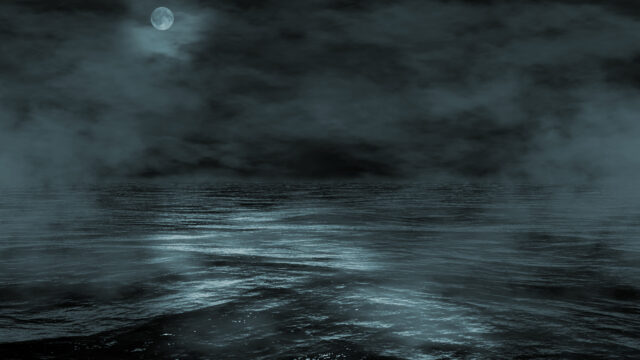 Ethereal Moonlit Ocean Under Foggy Night Sky Desktop Wallpaper
