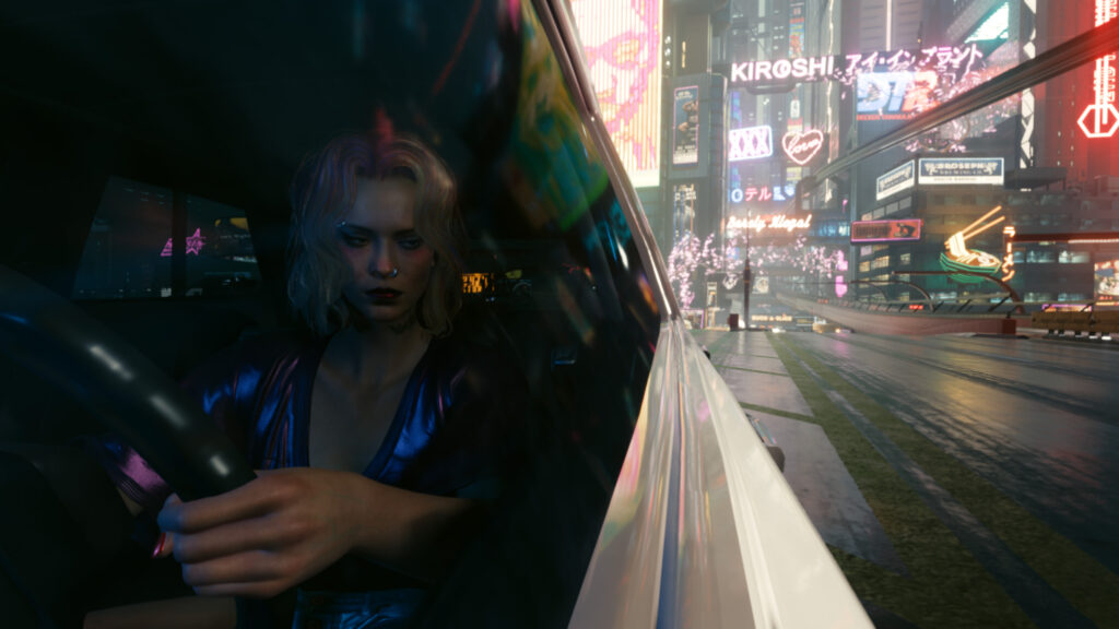 Cyberpunk Woman Driving Through Night City Neon Streets PC Wallpaper