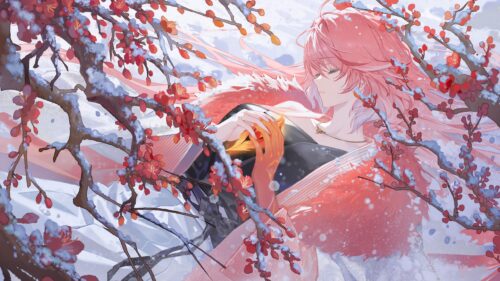 Beautiful Anime Girl Resting Under Snow Covered Plum Blossom Branches 4K Desktop Wallpaper