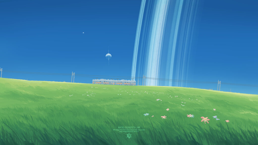Minimalist Sci-Fi Landscape with Ringed Planet and Passing Train Desktop Wallpaper
