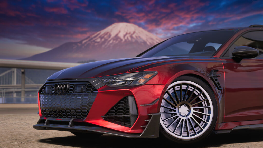 Red Audi RS6 Performance with Mount Fuji Background 4K Wallpaper