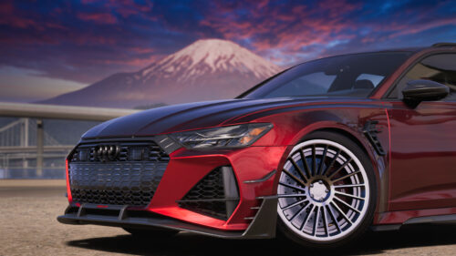 Red Audi RS6 Performance with Mount Fuji Background 4K Wallpaper