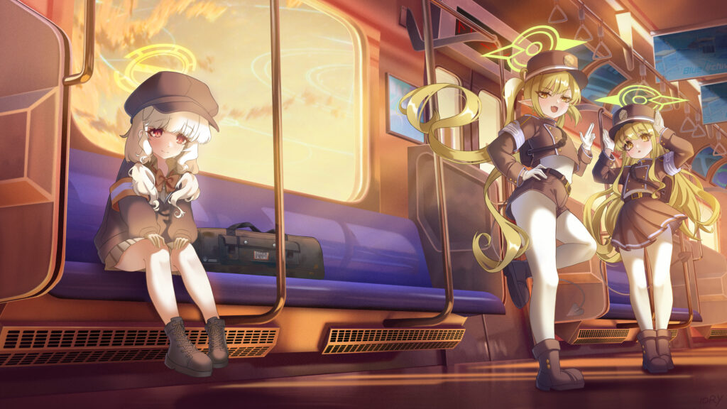 Three Anime Girls Riding a Retro Subway Train Blue Archive 4K Desktop Wallpaper