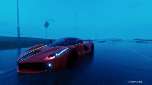 Red Ferrari Supercar on Rainy Road at Twilight Desktop Wallpaper