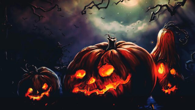 Spooky Halloween Night Glowing Jack O Lanterns 4K Desktop Wallpaper