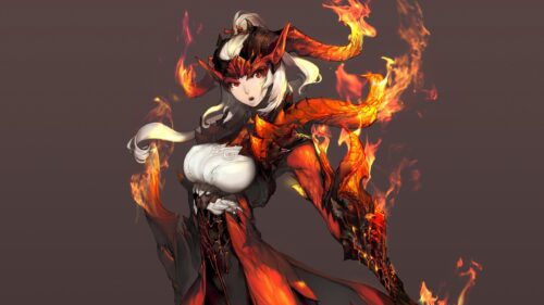 Fire Goddess Anime Character with Glowing Horns and Dragon Armor 4K Desktop Wallpaper