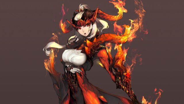 Fire Goddess Anime Character with Glowing Horns and Dragon Armor 4K Desktop Wallpaper
