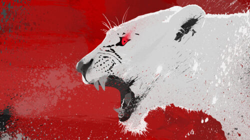Ferocious White Tiger Roaring on Artistic Red Background 4K Wallpaper