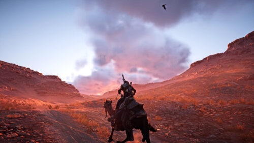 Assassin Riding Camel in Desert Sunset Scenic Landscape PC Wallpaper