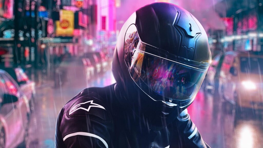 Biker in Cyberpunk Rain Cityscape 4K Desktop Wallpaper