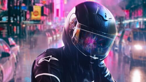 Biker in Cyberpunk Rain Cityscape 4K Desktop Wallpaper