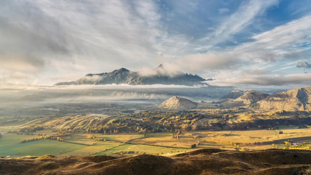 Stunning Mountain Range Over Golden Valley Scenic Landscape 4K Wallpaper