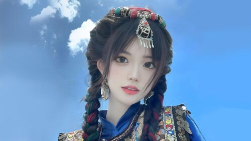 Beautiful Asian Girl in Traditional Ethnic Attire Against Blue Sky Desktop Wallpaper