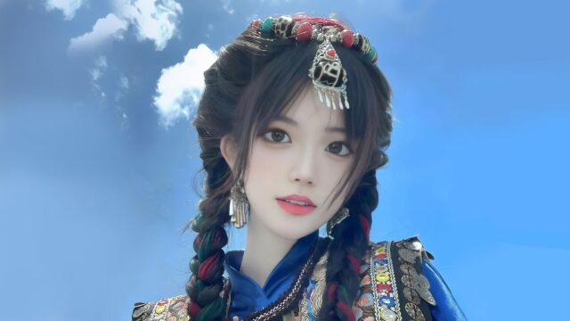 Beautiful Asian Girl in Traditional Ethnic Attire Against Blue Sky Desktop Wallpaper