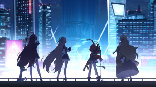 Anime Girls Standing in a Futuristic Cyberpunk City Skyline 4K Desktop Wallpaper