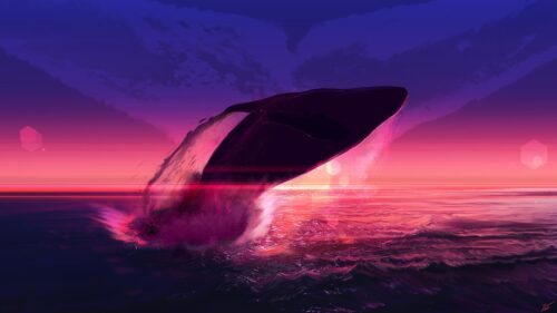 Majestic Whale Leaping from Neon Ocean Sunset PC Wallpaper