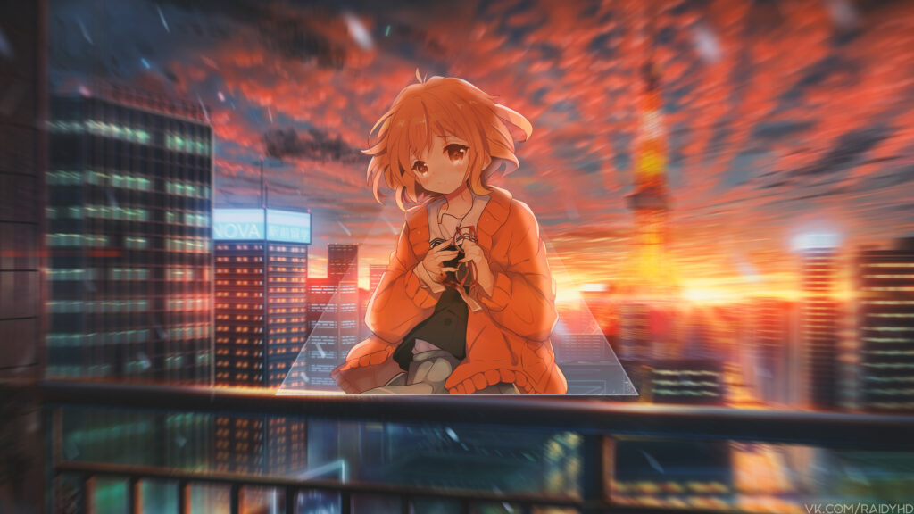 Sad Anime Girl Watching Tokyo Sunset Urban Skyline 4K Desktop Wallpaper