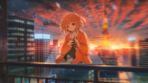 Sad Anime Girl Watching Tokyo Sunset Urban Skyline 4K Desktop Wallpaper