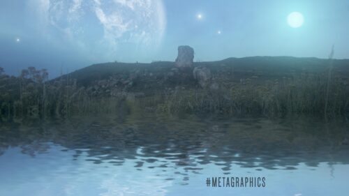 Surreal Alien Landscape with Twin Moons and Reflective Waters Desktop Wallpaper