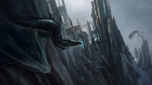 Black Dragon Perched on Gothic Castle Ruins Fantasy 4K Desktop Wallpaper