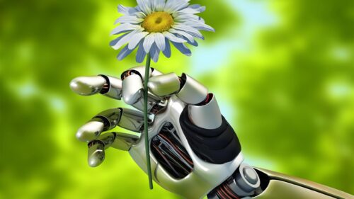 Futuristic Robot Hand Holding a Delicate Daisy Flower 4K Desktop Wallpaper