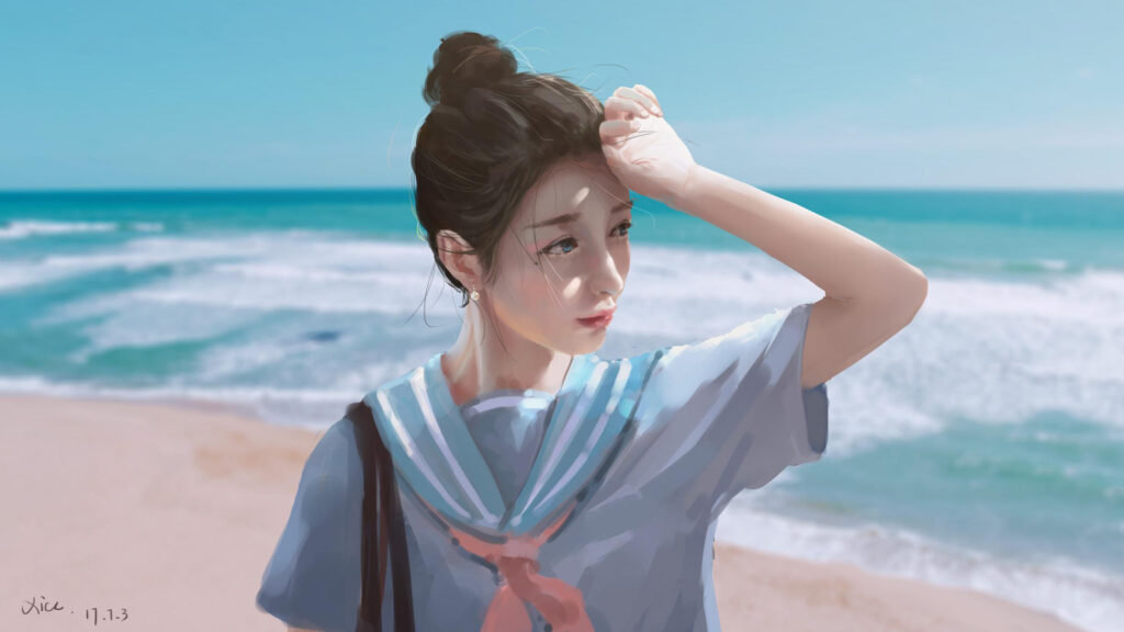 Anime Girl Wearing Sailor Uniform at the Beach 4K Desktop Wallpaper