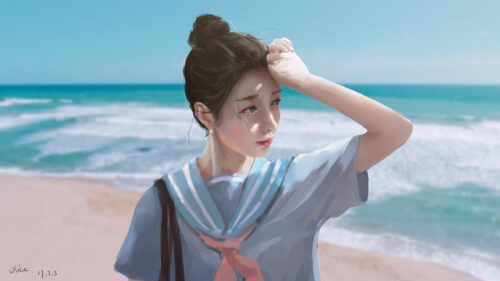 Anime Girl Wearing Sailor Uniform at the Beach 4K Desktop Wallpaper