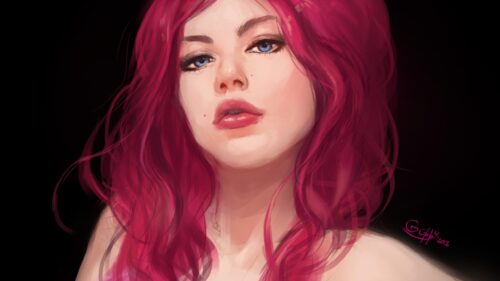 Digital Painting of a Beautiful Girl with Vibrant Pink Hair Desktop Wallpaper