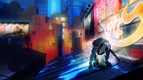 Cyberpunk Rooftop Assassin Stealth Stance 4K Desktop Wallpaper