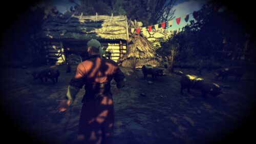 Geralt of Rivia in a Rustic Pig Farm Landscape PC Wallpaper