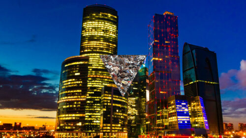 Moscow International Business Center Sunset Cityscape with Abstract Triangle Detail PC Wallpaper