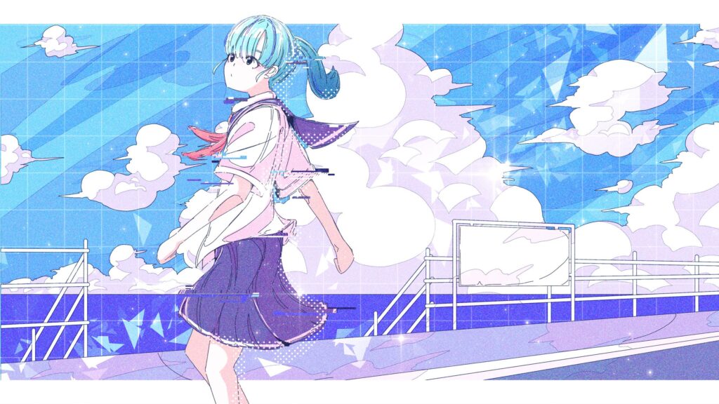 Anime Girl Glitch Aesthetic Blue Sky Scenery Desktop Wallpaper