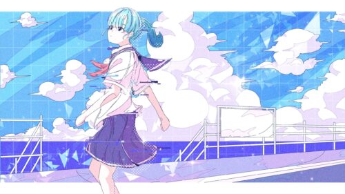 Anime Girl Glitch Aesthetic Blue Sky Scenery Desktop Wallpaper