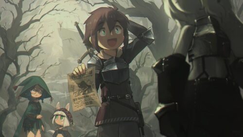 Anime Adventure Party Hunting Monster Forest Scene 4K Wallpaper