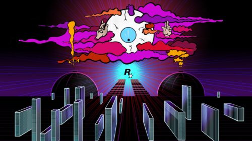Psychedelic Surreal Cityscape with Rockstar Games Logo Desktop Wallpaper