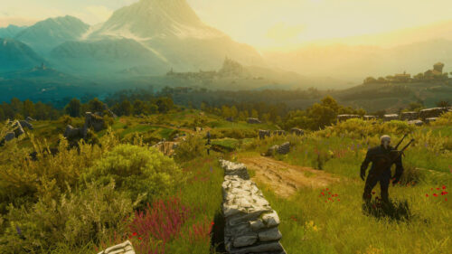 Geralt of Rivia Overlooking Toussaint Landscape Witcher 3 PC Wallpaper