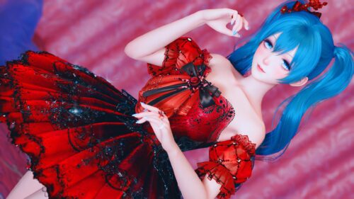 Beautiful Anime Girl with Blue Twin Tails in Elegant Red Dress 4K Wallpaper