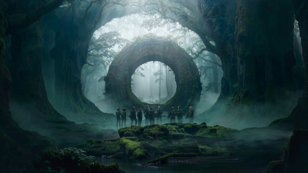 Mysterious Ancient Stone Portal in Foggy Enchanted Forest Desktop Wallpaper