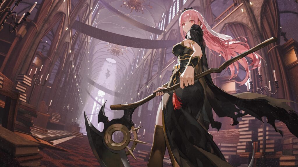 Mori Calliope Anime Girl with Scythe in Gothic Cathedral Desktop Wallpaper