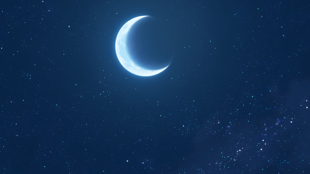 Minimalist Crescent Moon Shining in a Deep Blue Starry Night Sky Desktop Wallpaper