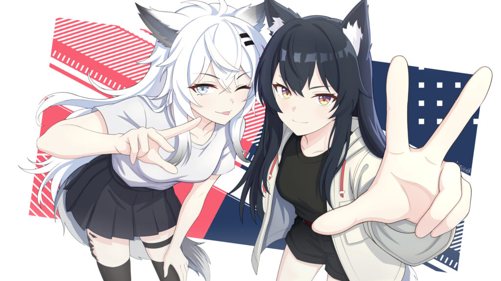 Anime Girls with Wolf Ears Making Peace Signs Aesthetic 4K Desktop Wallpaper