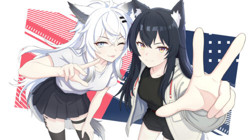 Anime Girls with Wolf Ears Making Peace Signs Aesthetic 4K Desktop Wallpaper