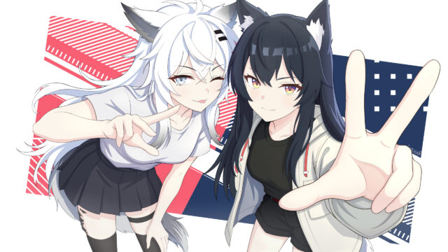 Anime Girls with Wolf Ears Making Peace Signs Aesthetic 4K Desktop Wallpaper