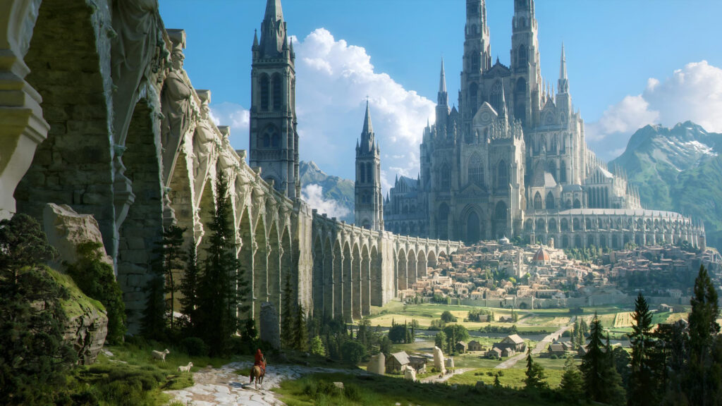 Fantasy Kingdom with Majestic Cathedral and Aqueduct 4K Desktop Wallpaper