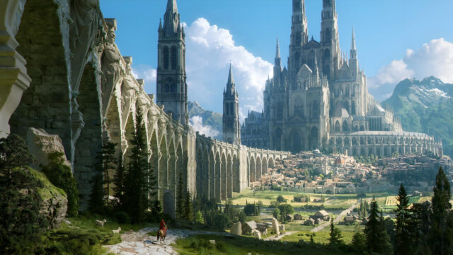 Fantasy Kingdom with Majestic Cathedral and Aqueduct 4K Desktop Wallpaper