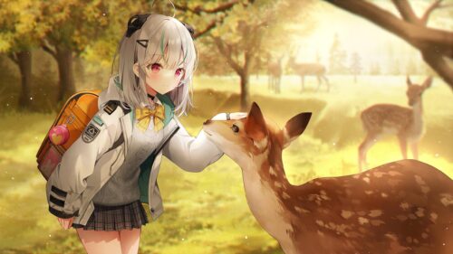 Cute Anime Girl Petting a Deer in a Sunny Forest 4K Wallpaper