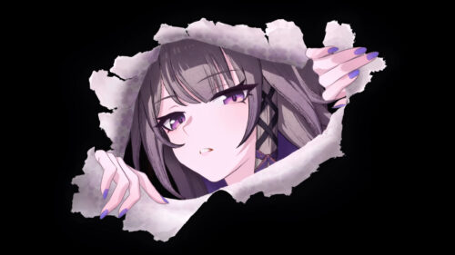 Acheron from Honkai Star Rail Peeking Through Torn Paper 4K Desktop Wallpaper