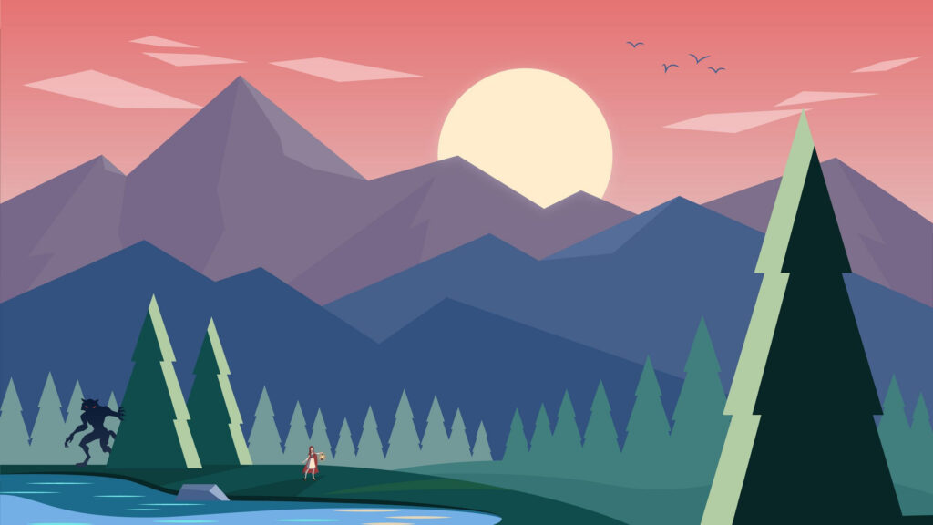 Little Red Riding Hood and Wolf in Forest Sunset Landscape 4K PC Wallpaper