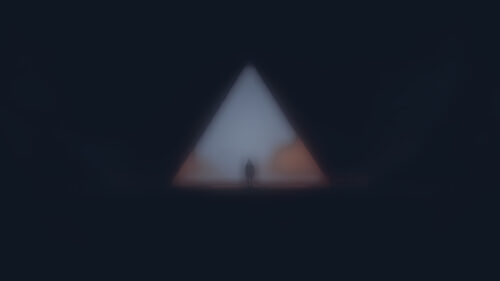 Minimalist Silhouette Standing Before a Glowing Triangular Portal 4K Desktop Wallpaper