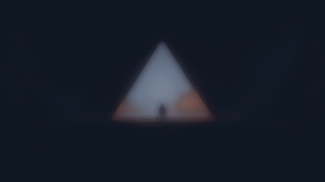Minimalist Silhouette Standing Before a Glowing Triangular Portal 4K Desktop Wallpaper